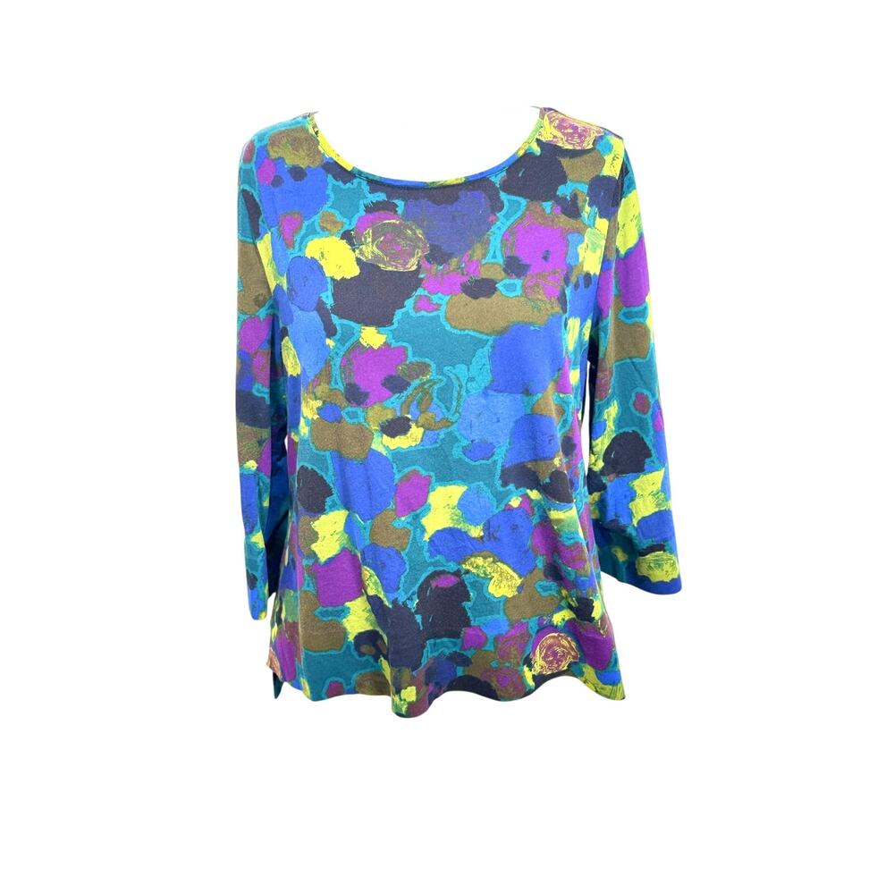 Habitat all cotton top scoop neck 3/4 sleeve multicolor structured cuffs & hem M